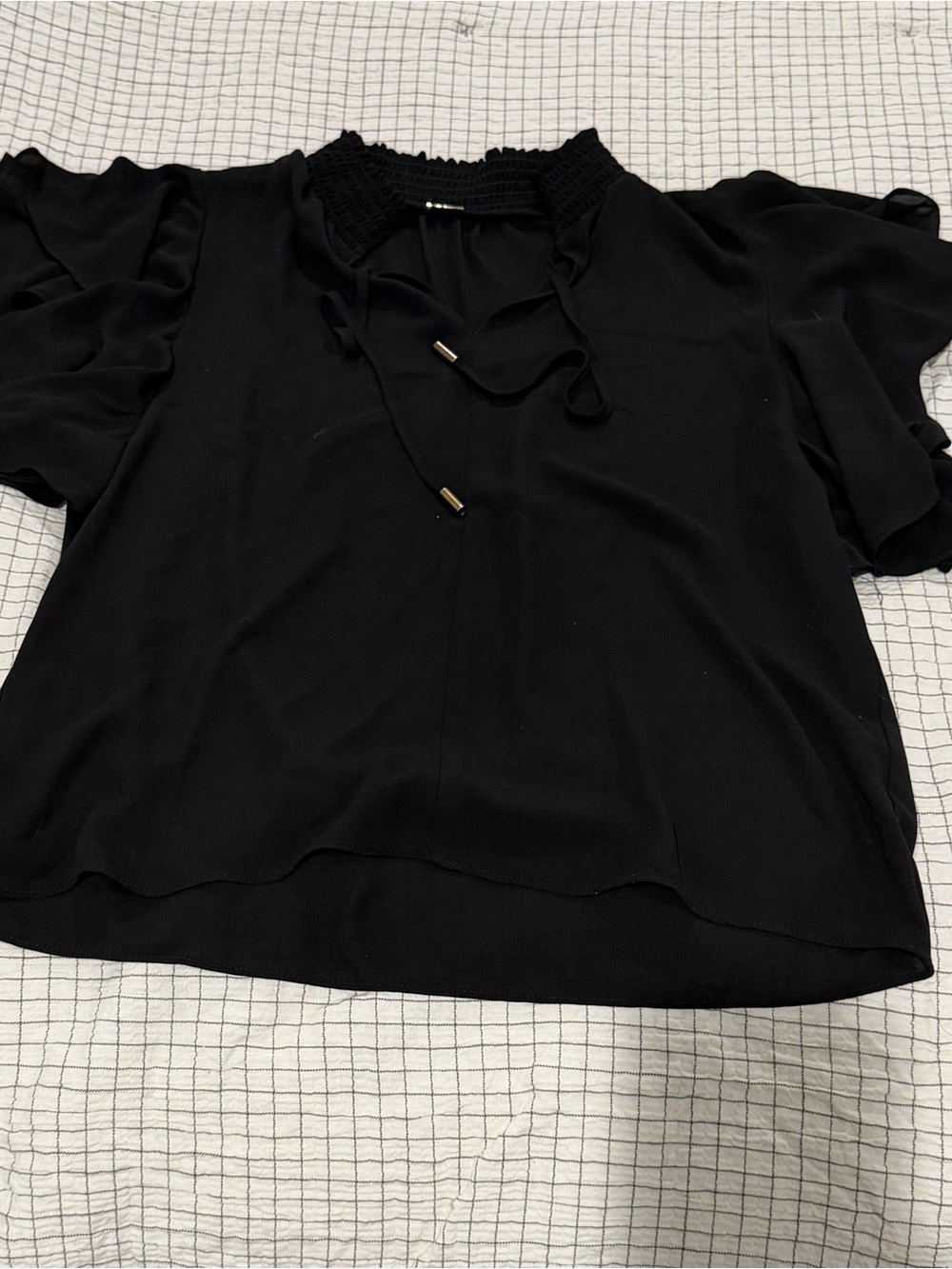 T Tahari Black Smocked-Neck Short Flutter Sleeve Blouse